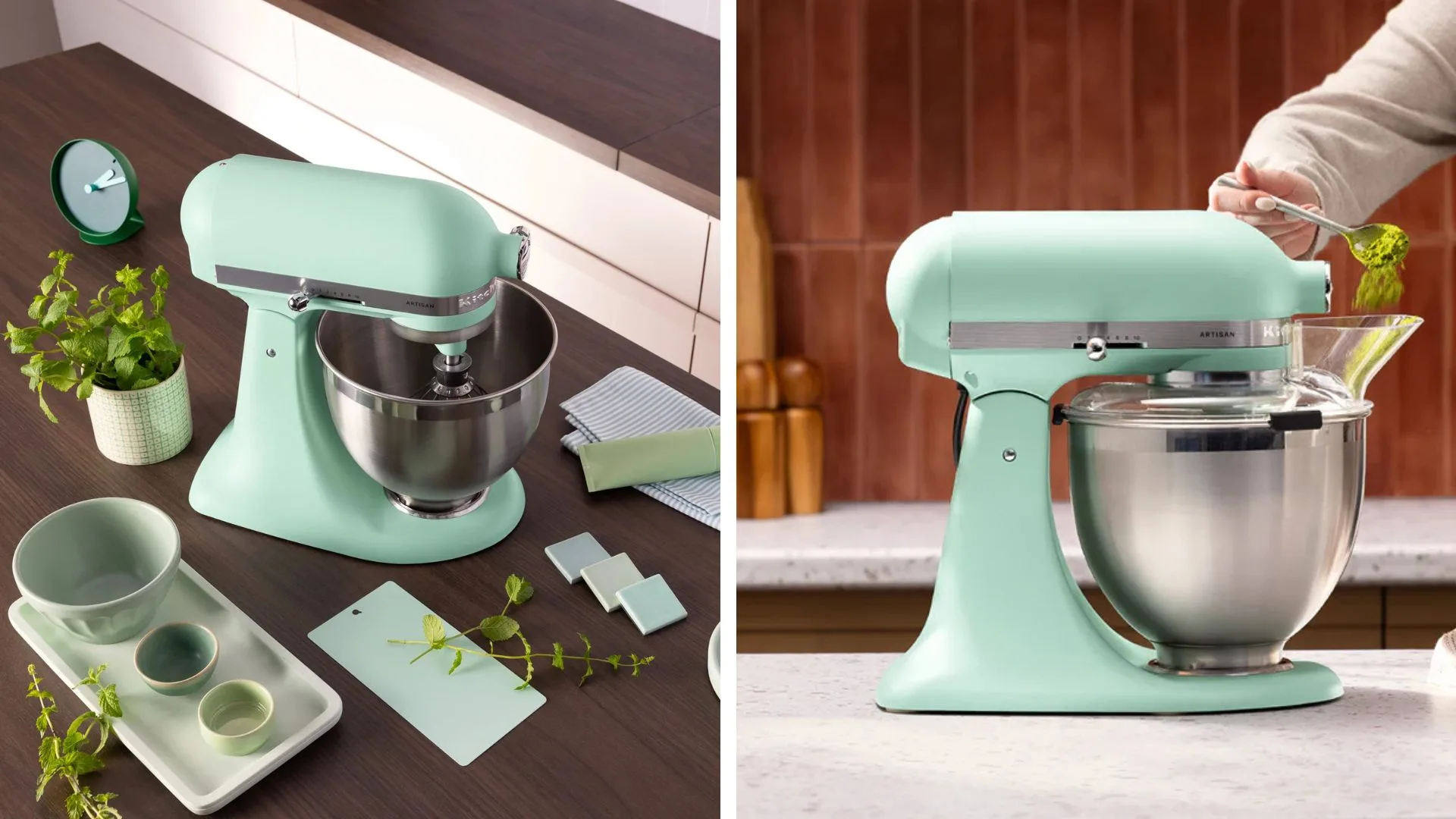 A two-panel display of the KitchenAid 2026 Colour of the Year, Spearmint. The left side shows a top-down view of the mint-green Artisan stand mixer on a dark wood counter surrounded by matching accessories, including a clock, bowls and fresh mint leaves. The right side shows a side profile of the mixer as matcha powder is being added to the stainless steel bowl.