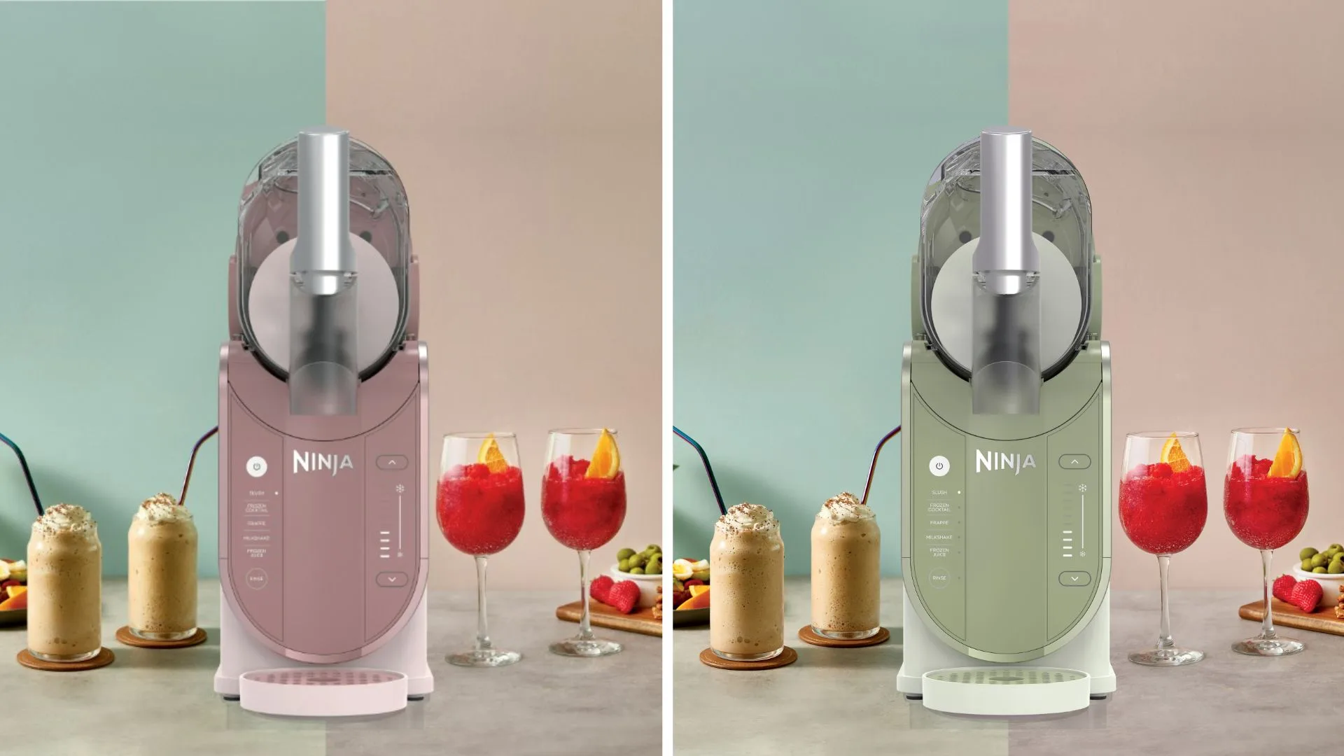 Two side-by-side images of the Ninja Slushi Professional Frozen Drink Maker in new pastel colourways. The left machine is a soft dusty pink called "Fros&eacute;," and the right machine is a muted sage green called "Margarita." Both are shown on a kitchen counter next to glasses of frozen drinks and garnishes.