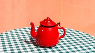 Red enamel stovetop kettle with a curved spout sitting on a green gingham table against a peach-coloured wall.