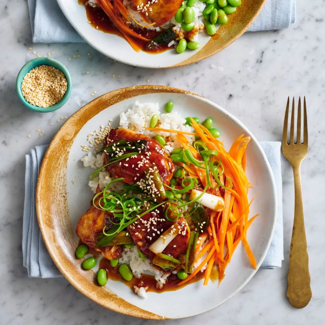 teriyaki chicken bowl on a marble surface