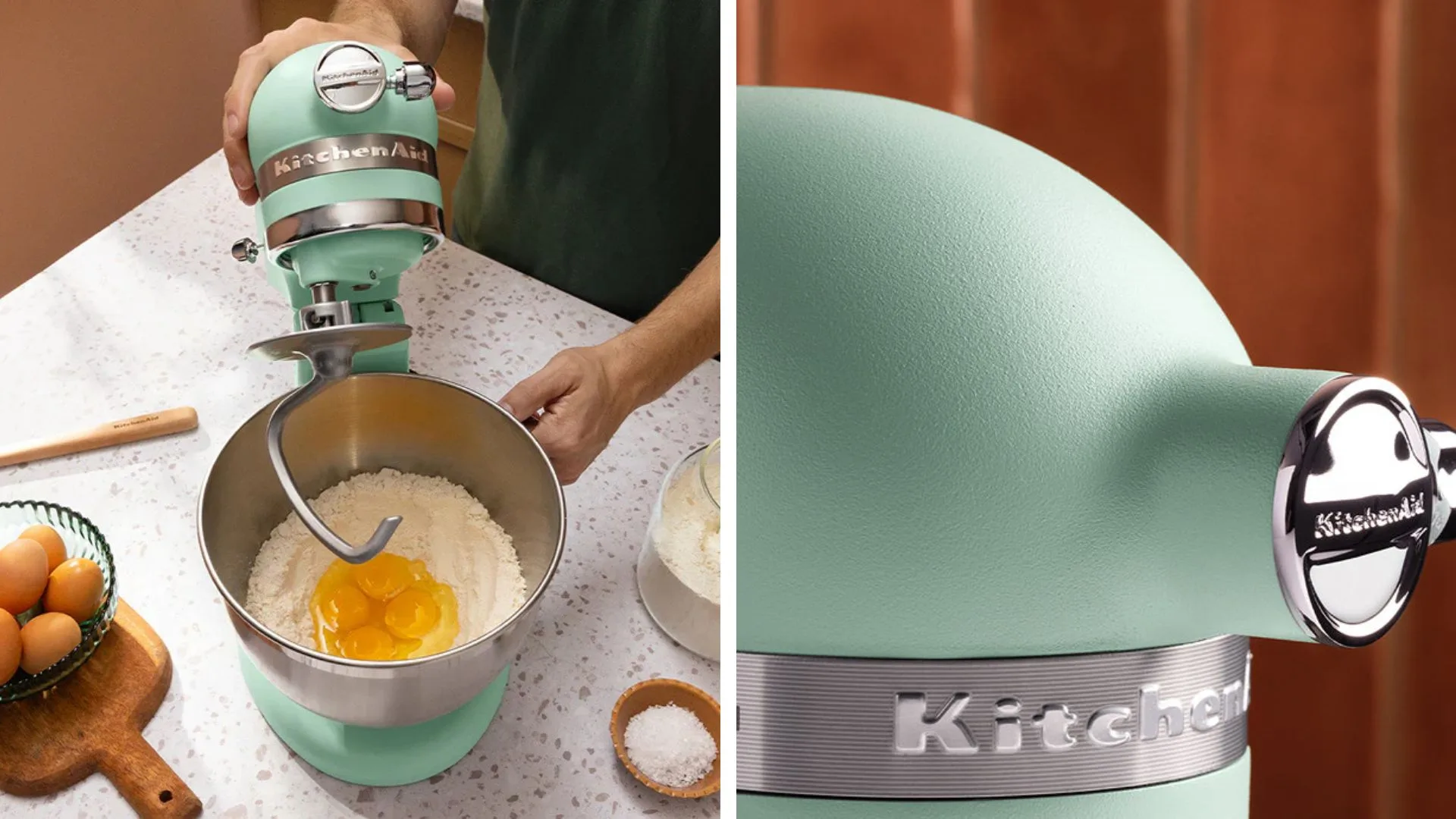 A split-screen image showcasing the KitchenAid Colour of the Year 2026, Spearmint. On the left, a person uses the mint-green stand mixer to mix eggs and flour in a stainless steel bowl. On the right, a close-up highlights the unique pebbled texture and matte finish of the Spearmint exterior with the classic chrome KitchenAid trim.