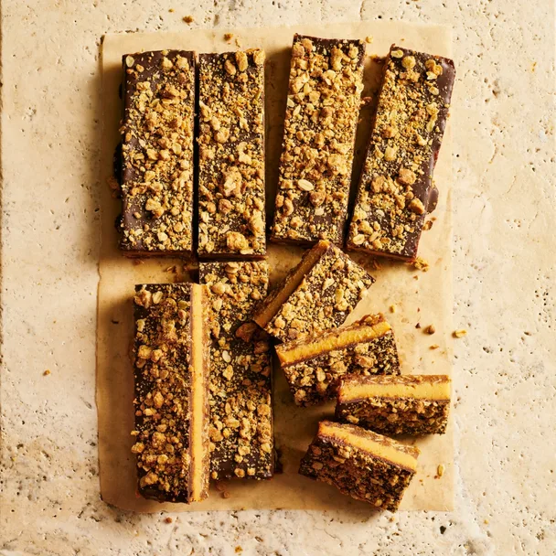 anzac caramel slice cut into pieces