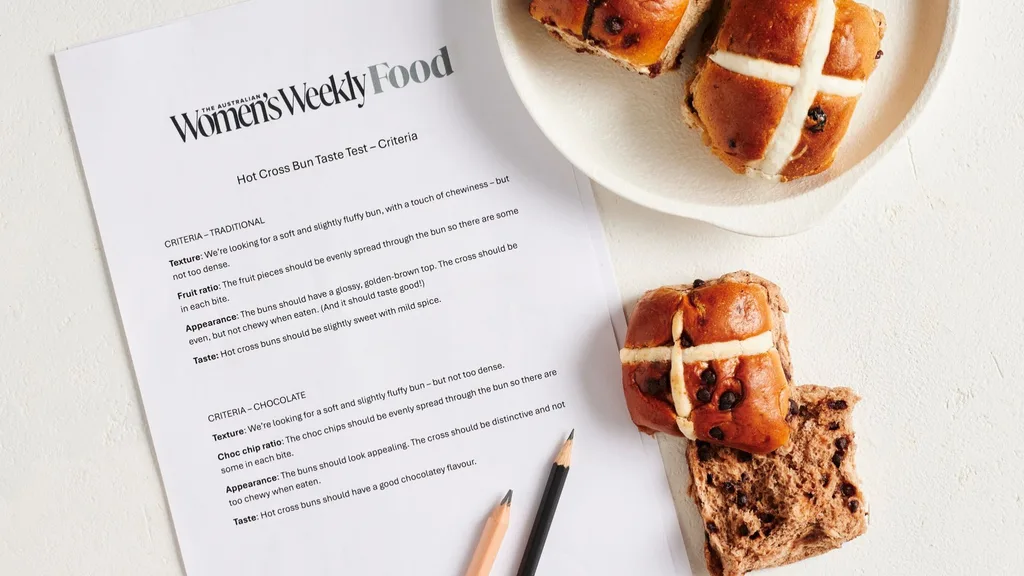 best hot cross buns taste test score sheet with a plate of hot cross buns