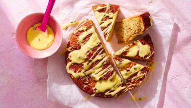 banana cake mix cake with passionfruit drizzle