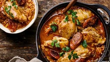 Chicken and chorizo gumbo in a casserole dish.