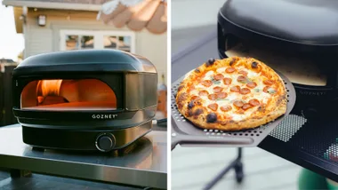 A split-screen image of the Gozney Arc Lite pizza oven in Off Black. The left side shows the compact oven on an outdoor bench with its signature lateral rolling flame visible inside. The right side shows a freshly cooked pepperoni pizza with a charred, leopard-spotted crust being held on a metal pizza peel in front of the oven.