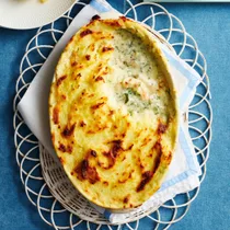 Julie Goodwin seafood pie with potato topping in a baking dish