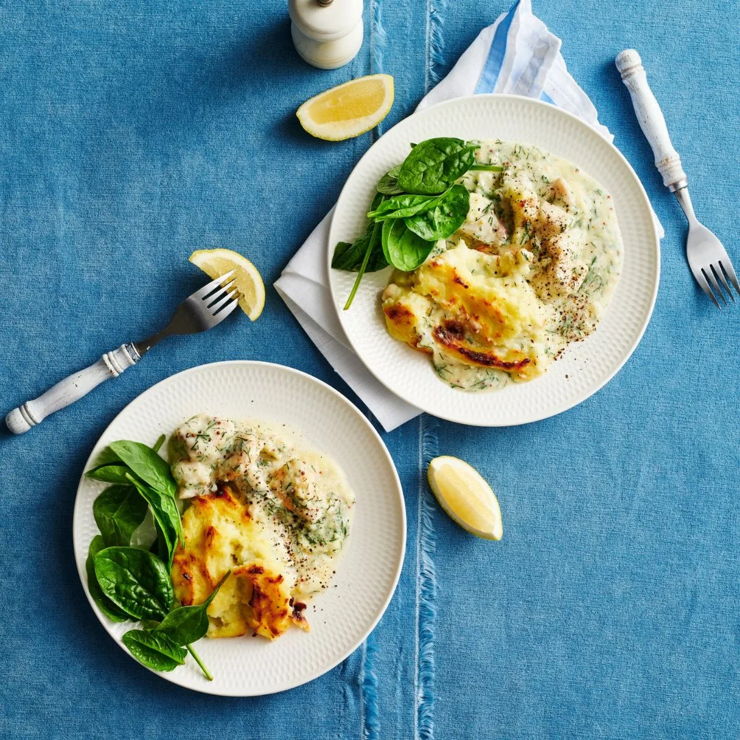 Julie Goodwin fish pie with potato topping on two plates