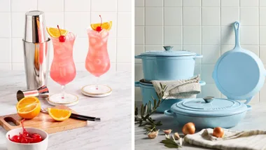 Split screen image showing a festive Ginger Rum Punch with a cocktail shaker and orange slices on the left, and a stack of Wolstead Endure enamelled cast iron cookware in the new Ice Blue hue on the right.