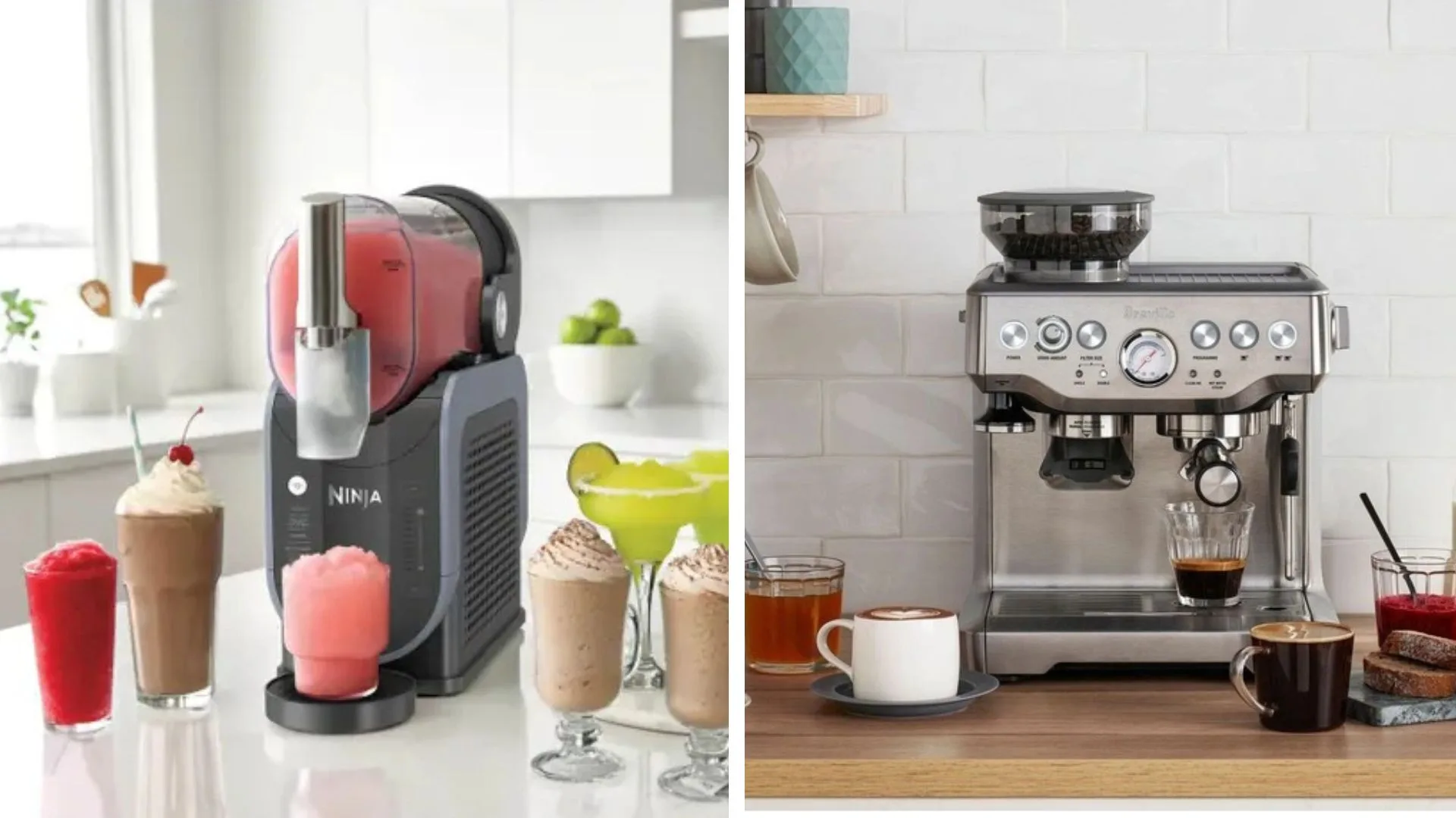 Side by side: the Ninja Slushi machine surrounded by colourful frozen drinks, and the Breville Barista Pro styled in a bright white kitchen - for the article 'best Myer kitchen sale' on Women's Weekly Food