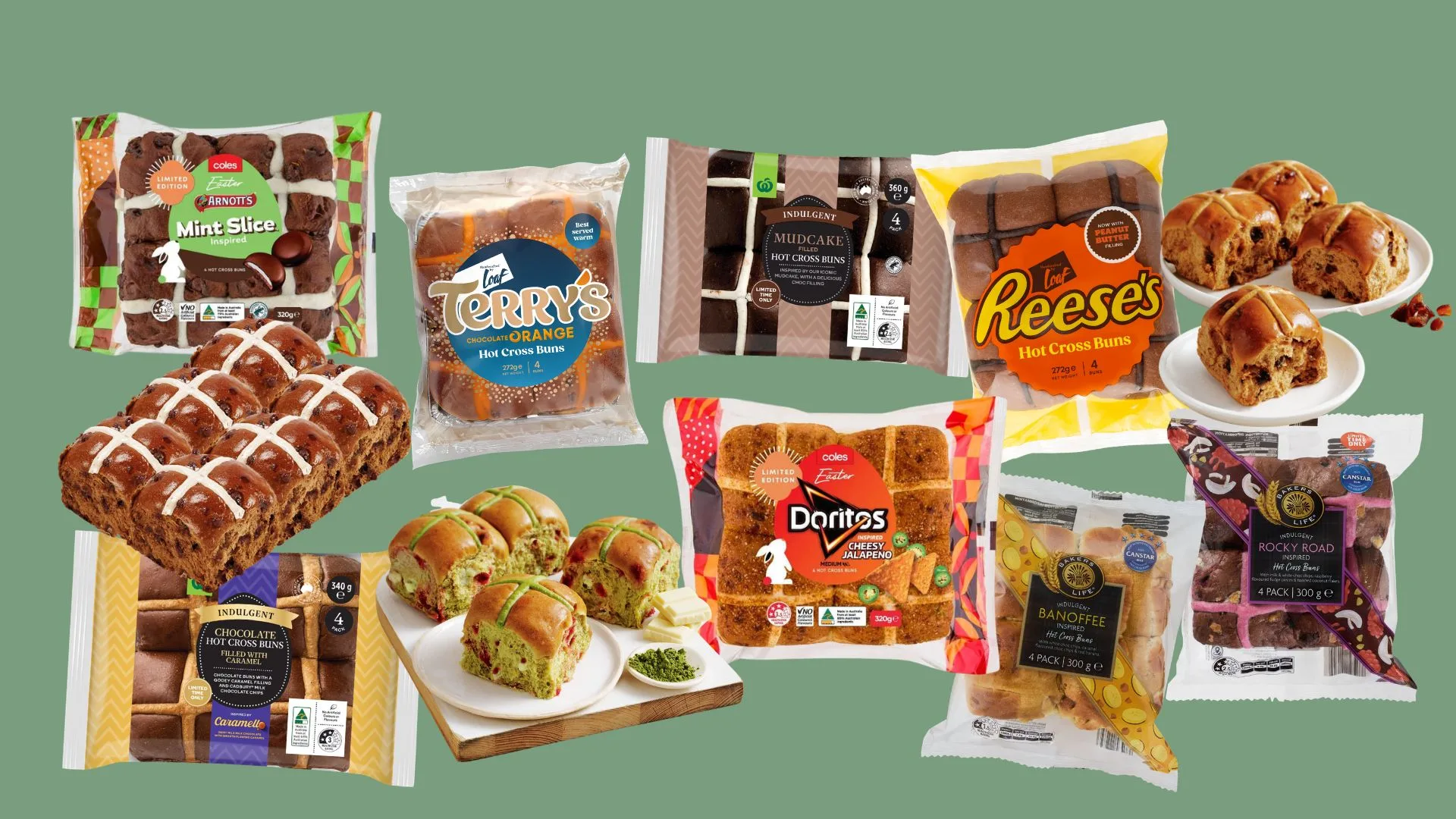 eleven hot cross buns packets from Australia on a green background