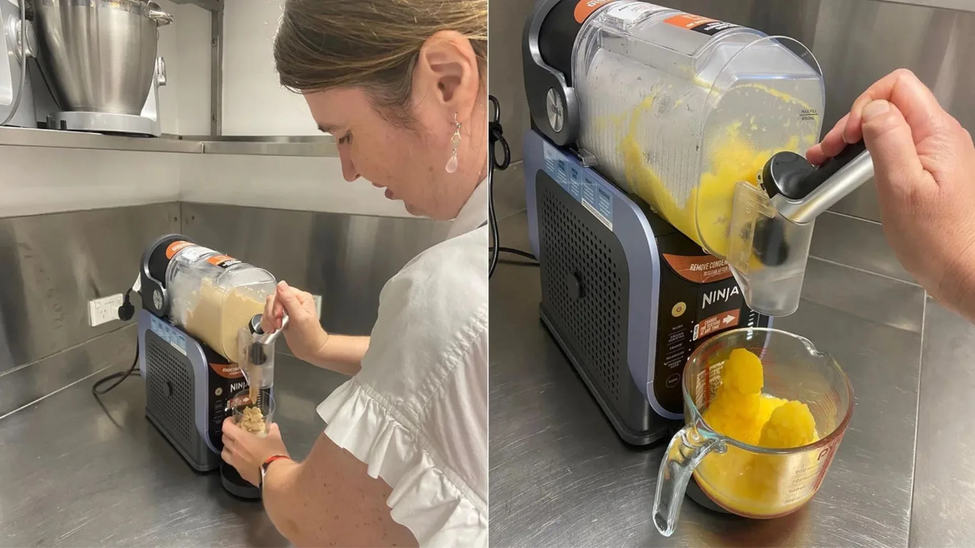 Digital Managing Editor Sarah McInerney testing the Ninja SLUSHi Professional Frozen Drink Maker in the Test Kitchen, showing a coffee-style frappe being dispensed on the left and a vibrant mango juice slushie in a measuring jug on the right. Article: Best Ninja kitchen appliances