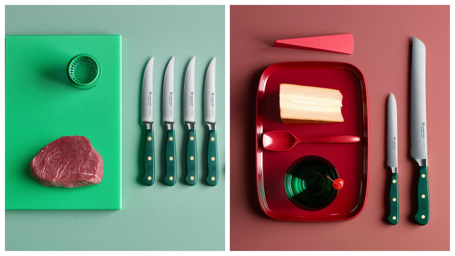 A split-screen promotional image for Wüsthof Classic knives in "Fresh Rosemary" green. The left side features a green background with four steak knives next to a raw steak on a cutting board. The right side features a red background showcasing a serrated bread knife and a utility knife alongside a tray with a slice of cake.