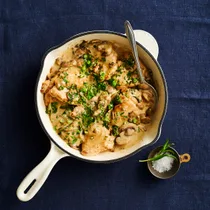 creamy chicken and mushroom in a white frying pan on a dark blue surface