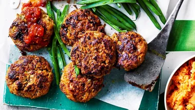 rissoles with green beans and sweet potato mash; easy mince recipes for dinner