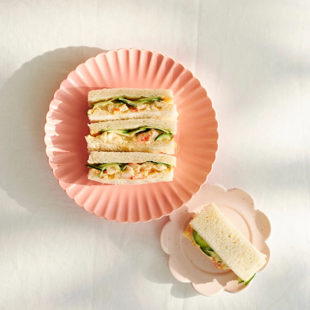 prawn cocktail high tea sandwiches on a pink plate