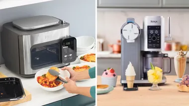 A split-screen lifestyle image featuring popular Ninja kitchen appliances. The left side shows a Ninja Combi multicooker on a kitchen bench being used to serve a pasta and chicken meal. The right side features a Ninja CREAMi ice cream maker surrounded by various frozen treats, including soft-serve cones, sorbet and a milkshake.