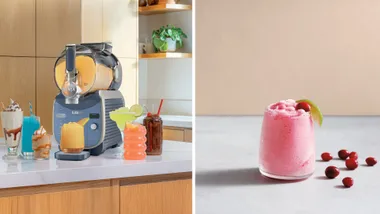 On the left, a grey and blue Ninja SLUSHi Max machine sits on a marble countertop with a large canister of orange slush. Various drinks, including a blue raspberry slushie, a milkshake, and a margarita, are arranged around it. On the right, a separate close-up shot features a bright pink frozen drink in a glass with a lime garnish and scattered cranberries.