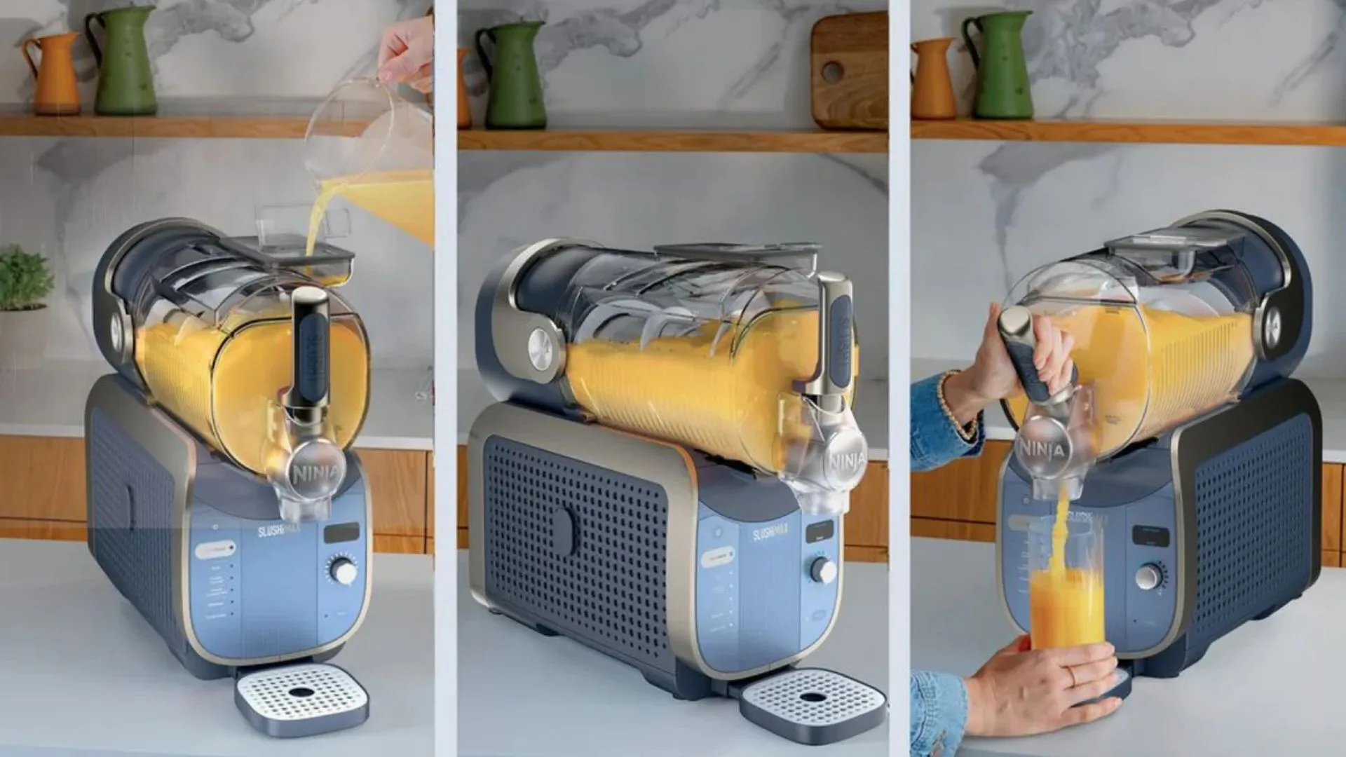 A three-panel sequence demonstrating the Ninja SLUSHi Max in use: first, liquid being poured into the top; second, the machine churning the frozen orange mixture; and third, the finished slushie being dispensed into a glass.