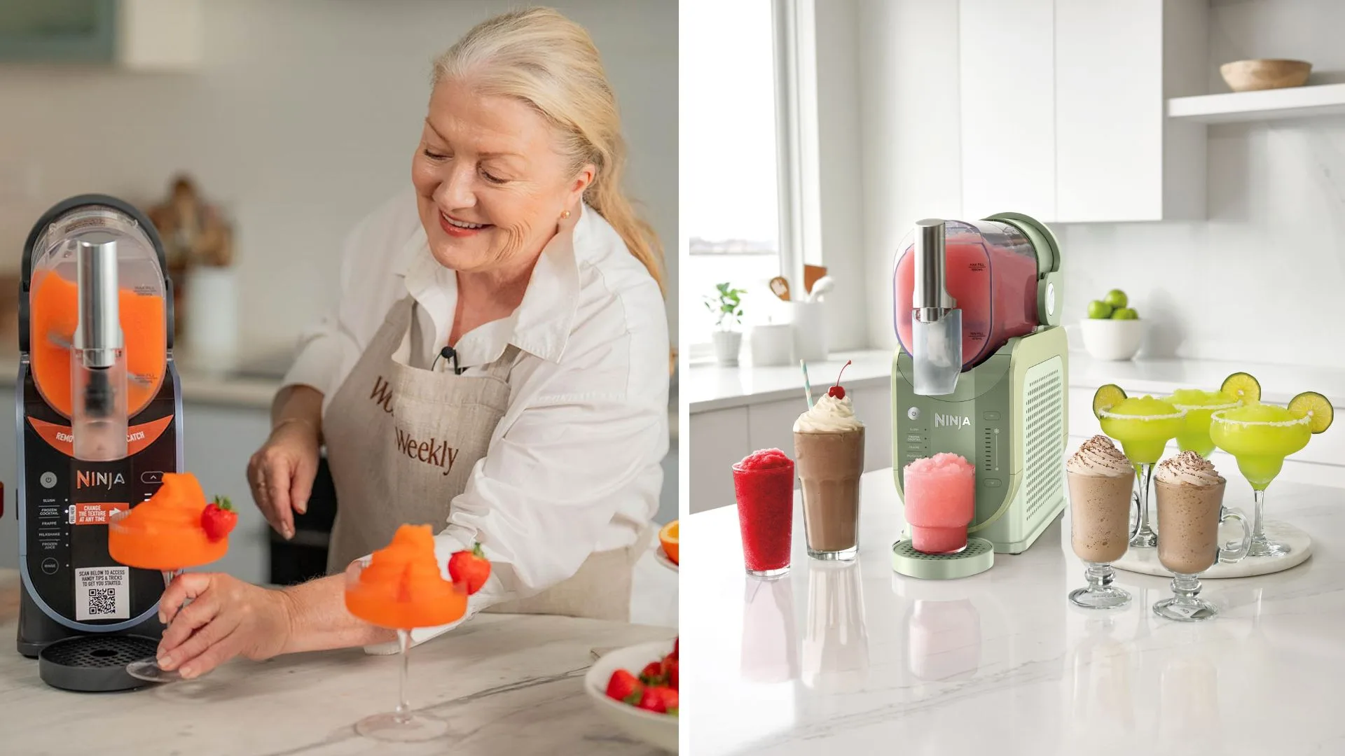 A side-by-side image showing the Ninja Slushi in action. On the left, Fran from Women’s Weekly Food smiles while serving a bright orange frozen drink from a black Ninja Slushi. On the right, the new sage green "Margarita" Ninja Slushi is displayed on a white marble benchtop surrounded by various frozen cocktails, including frappes and margaritas.