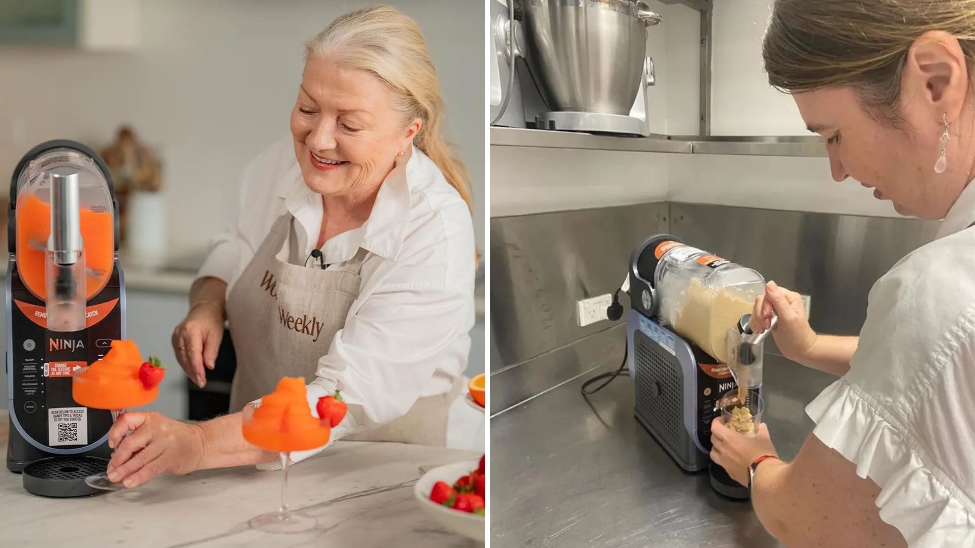 Two photos showing the Ninja Slushi being tested. Left: Food Director Fran wearing a Women's Weekly apron and smiling while adjusting two frozen orange drinks garnished with fresh strawberries next to the appliance. Right: Managing Editor Sarah dispensing a pale, creamy frozen drink from the machine on a stainless steel kitchen bench.