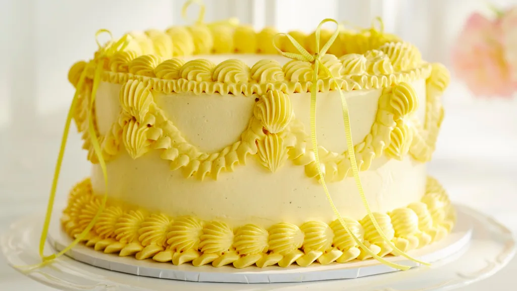vintage apple cake with yellow icing and ribbons