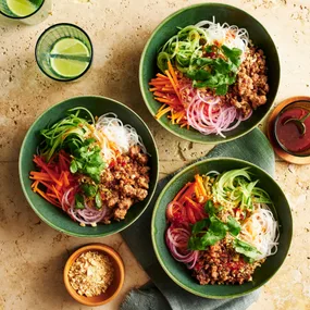 three bowls of vietnamese minced pork noodles