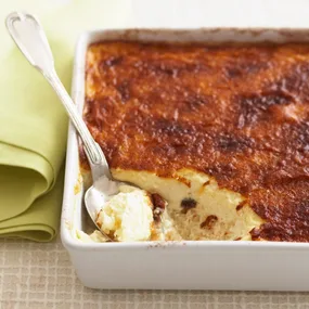 baked rice pudding recipe in a square baking dish