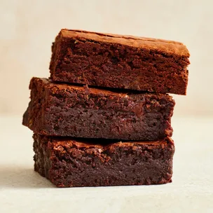 Three chocolate brownies stacked on top of one another