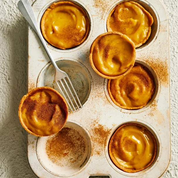 brown sugar custard tarts in a baking tray, dusted with nutmeg