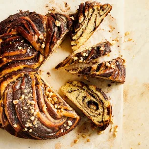 Chocolate babka with a few slices removed