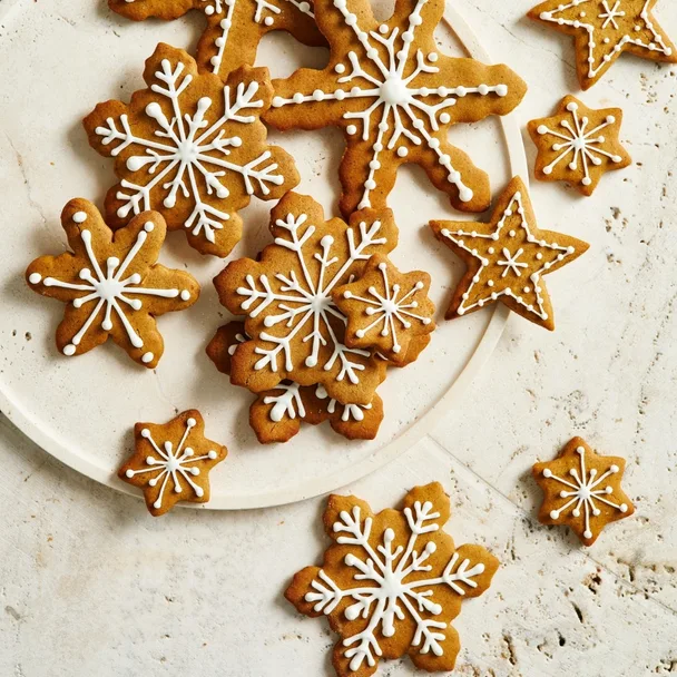 Star and snowflake-shaped gingerbread with white icing designs