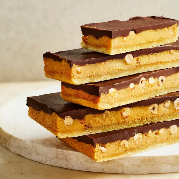 Stacked slices of hazelnut millionare's shortbread