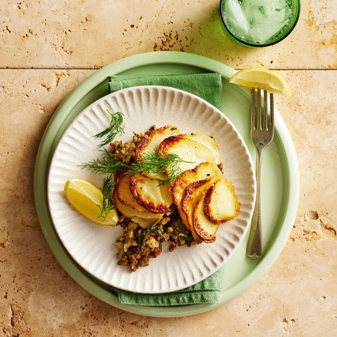 serving of lamb mince pie with potato top on a plate