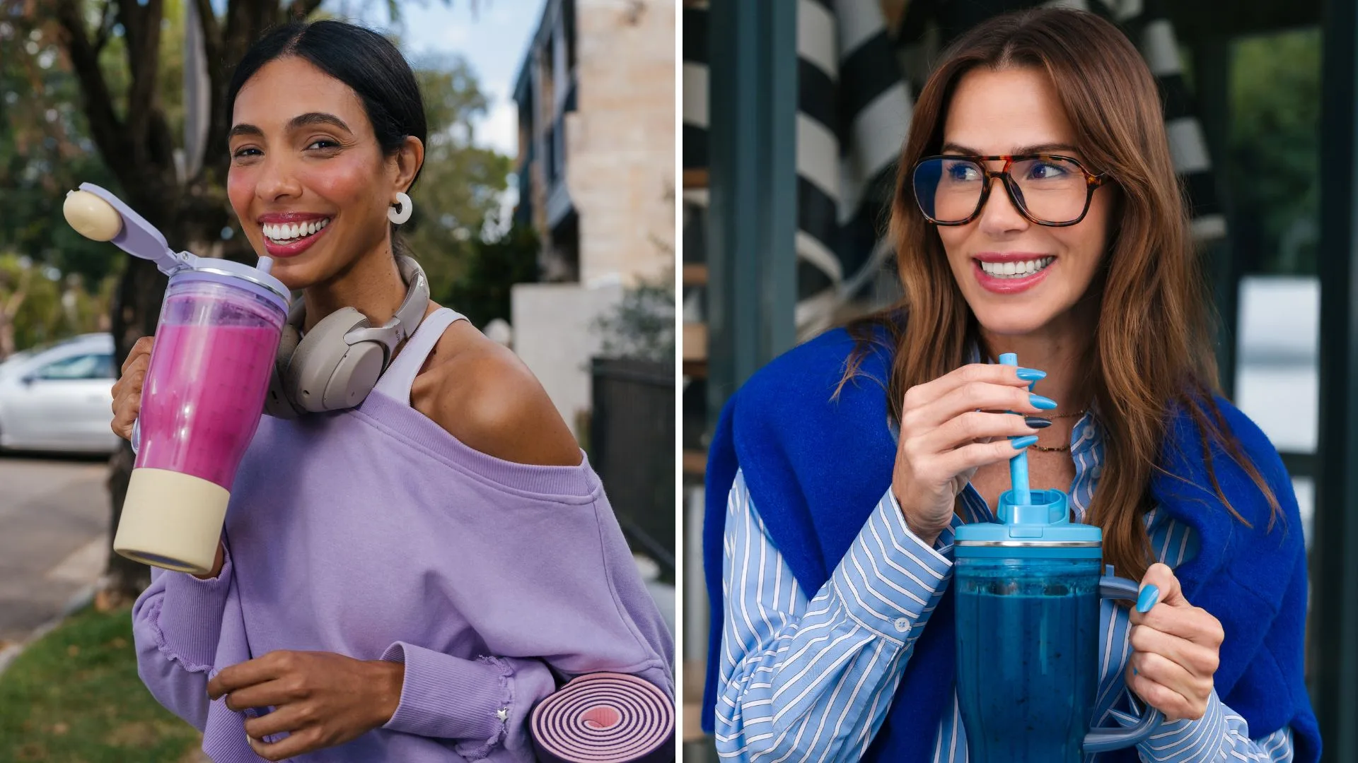 A split-screen image showcasing the Ninja BlendBoss in use. On the left, a smiling woman in athletic wear holds a lavender and cream BlendBoss filled with a pink smoothie. On the right, a woman in a blue sweater and glasses sips from a blue BlendBoss through its integrated straw.