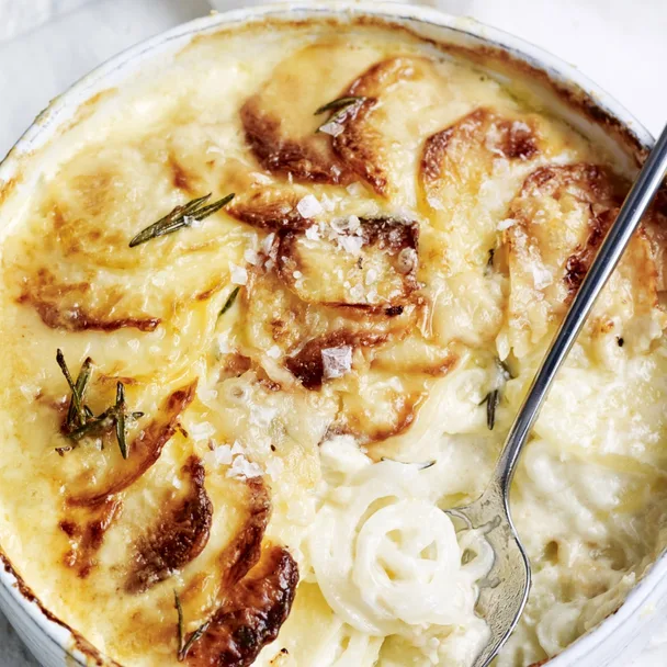 air fryer potato bake in a round dish