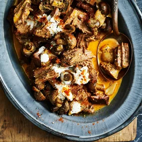 slow cooker beef stroganoff in a serving dish