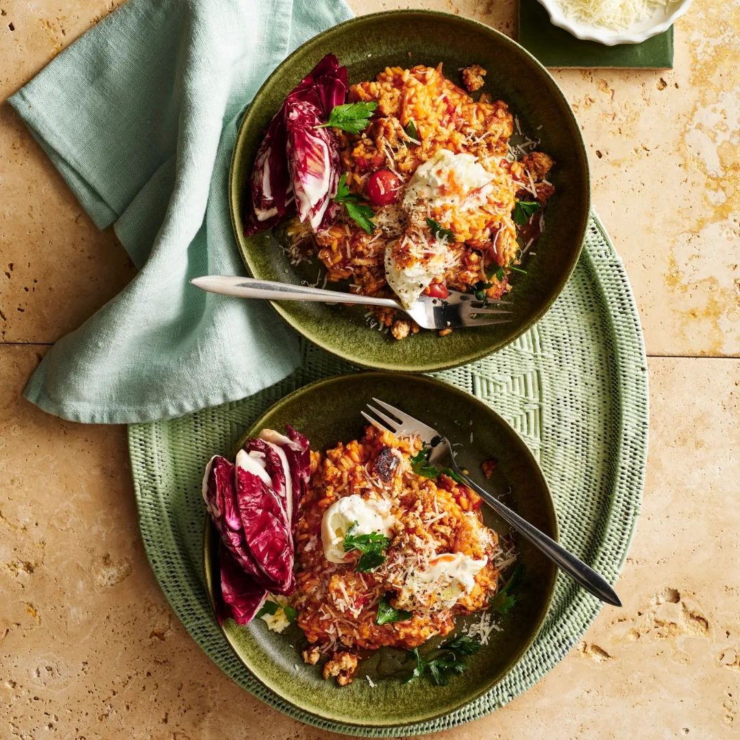 two plates of smoky tomato risotto