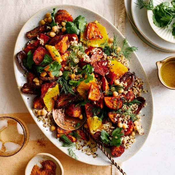 sweet potato salad on a white oval serving dish