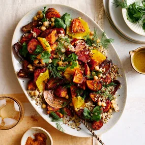 sweet potato salad on a white oval serving dish