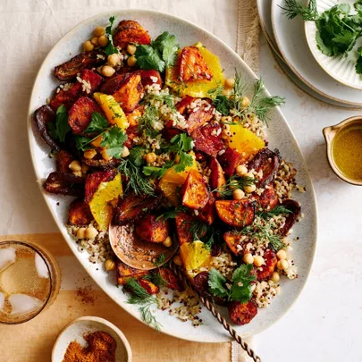 Harissa roasted sweet potato & grain salad