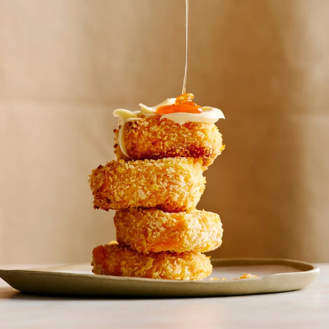four sweet potato polenta chips stacked up
