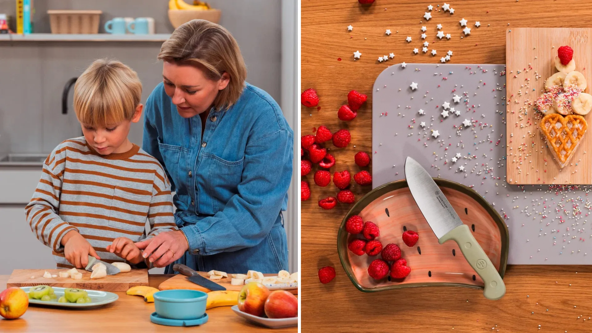 A split-screen image: On the left, a woman supervises a young boy as he slices a banana using a green W&uuml;sthof Junior knife. On the right, a top-down view shows the green knife resting on a watermelon-patterned bowl of raspberries next to a decorated waffle snack and colourful sprinkles.