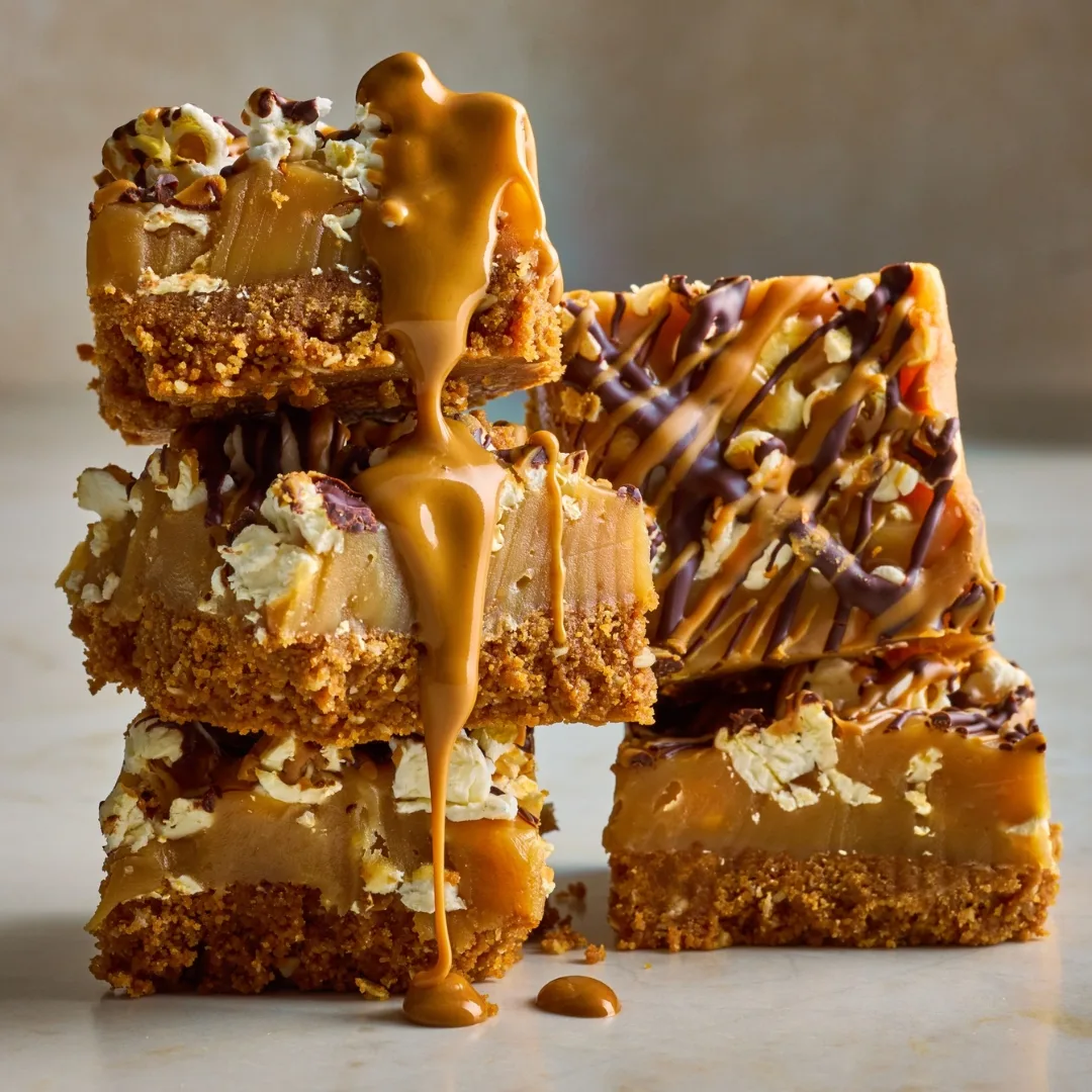 five slices of biscoff caramel slice stacked together
