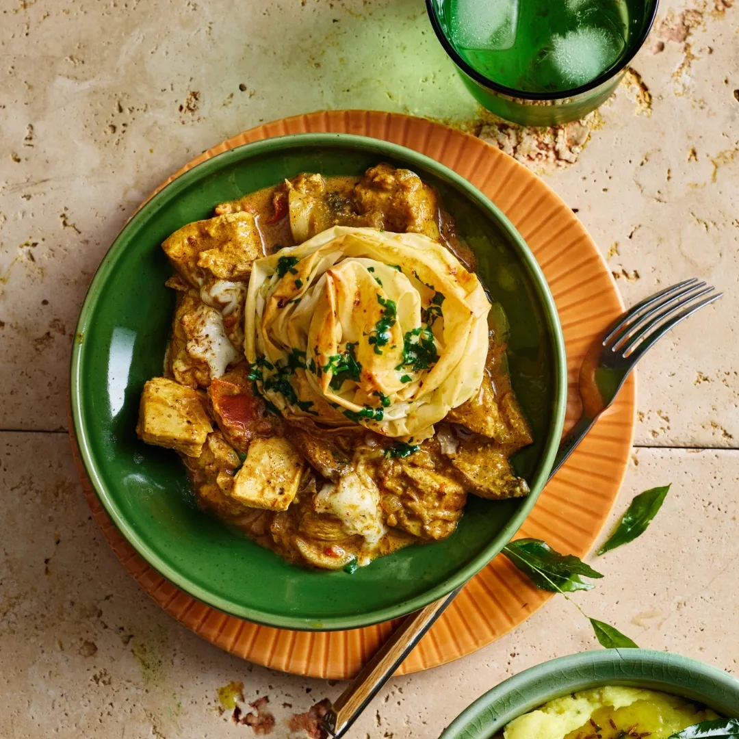Depinder Chhibber's chicken curry pot pie on a green plate