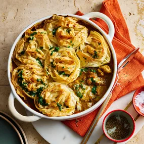 Depinder Chhibber's chicken curry pot pie in a white casserole dish