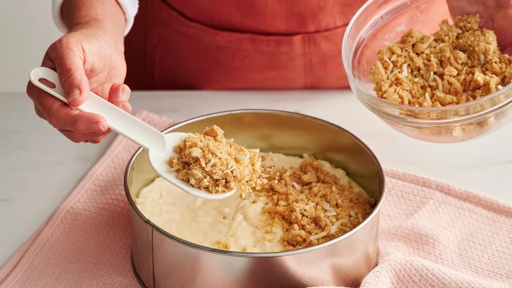 spooning streusel topping over coconut cake batter in pan