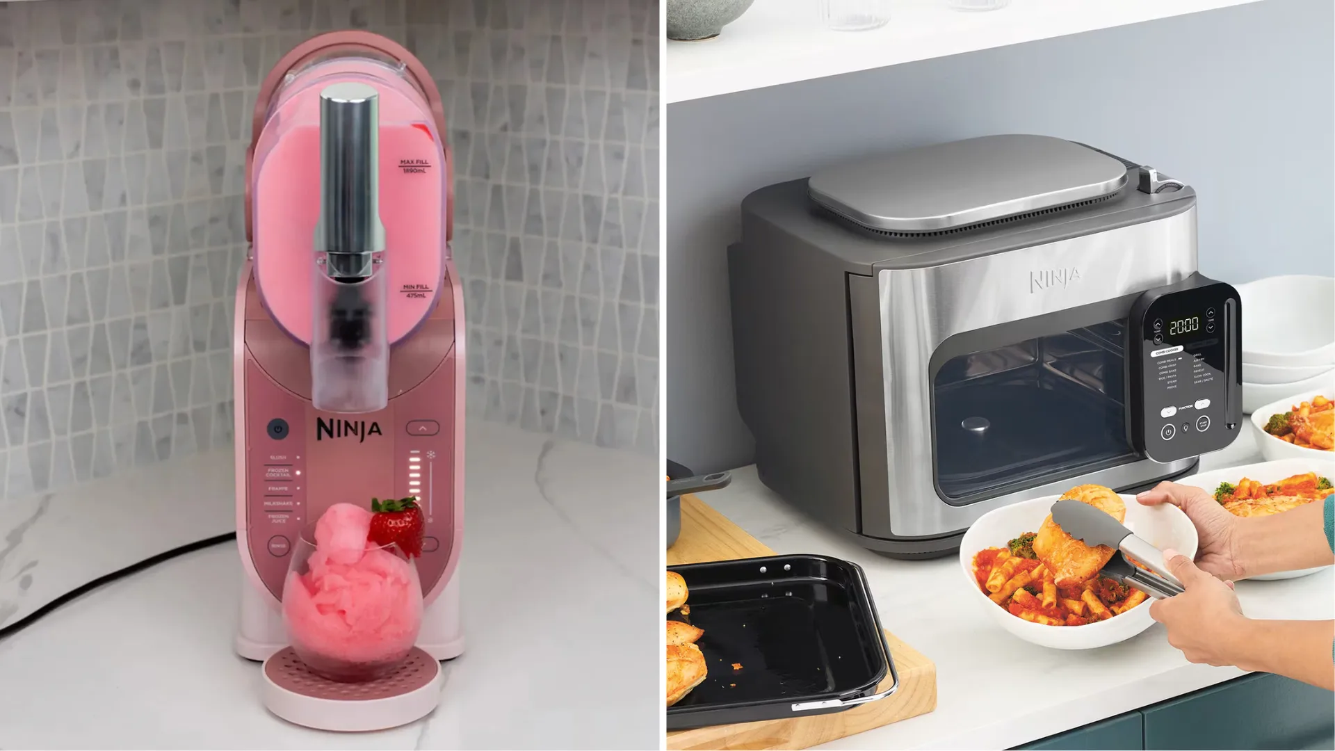 A side-by-side shot of trending Ninja appliances. On the left is the Ninja Slushi frozen drink maker in 'Frosé' pink; on the right is the stainless steel Ninja Combi 14-in-1 Multicooker.