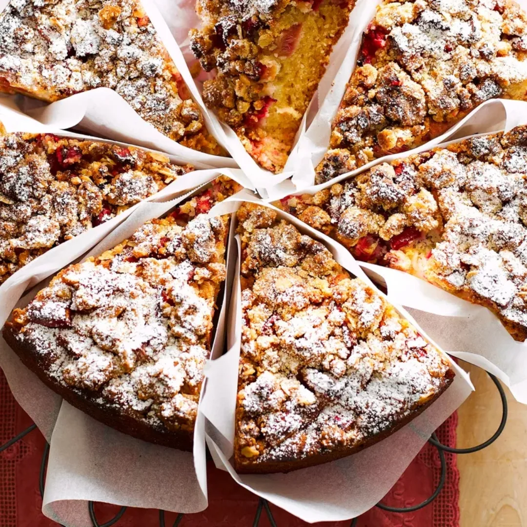 Rhubarb crumble cake cut into slices