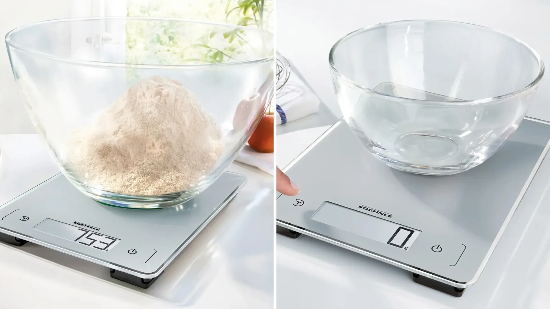 Side-by-side comparison of the Soehnle Page Aqua Proof Digital Kitchen Scale. The left side shows a glass bowl filled with flour weighing 753 grams, and the right side shows an empty glass bowl being tared to 0 grams with a finger press.
